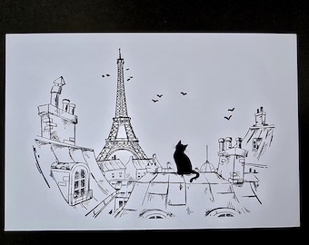 May include: Black and white illustration of the Eiffel Tower in Paris, France, with a black cat perched on a rooftop. The artwork depicts rooftops, chimneys, and birds in flight, creating a charming scene.
