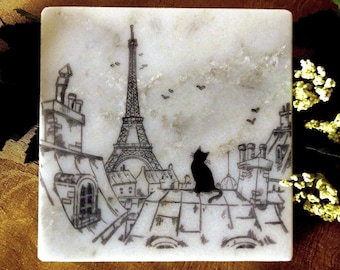 Rooftops of Paris Cat and Eiffel Tower Coaster Sets on Calacatta Marble