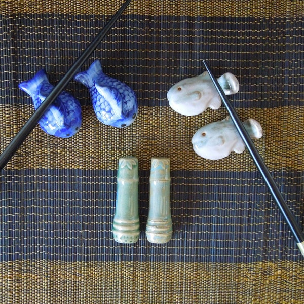 3 Sets of Vintage Ceramic Chopstick Holders, Blue Koi, Green Bamboo, and Green, Brown, Salmon Colored Crackle Glaze Fish, 2 Pieces Per Set