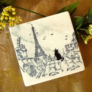 Toits de Paris, Rooftops of Paris with Cat and Eiffel Tower on Antique White Style Marble,  Natural Stone Coaster Sets