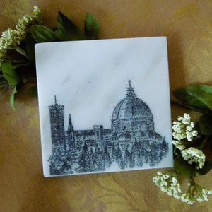 The Cathedral &quot;Duomo&quot; in Florence Italy on Italian White Calacatta Marble Coaster, Natural Stone Coaster Sets