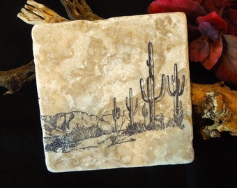 Sonoran Desert Saguaro Cactus Scene on Marble Tile Coaster, Natural Stone Coaster Sets