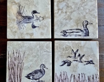 Duck Coasters on Beige Cappuccino Marble Tile, Nature Home Decor, Set of 4