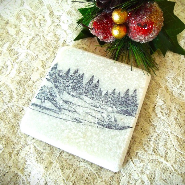 Winter Stream and Pinetrees on Antique Glitter Style Marble Coaster, Natural Stone Coaster Sets, Winter Coasters