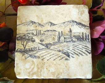 Wine Country, Chateau Vineyard with Rolling Hills Scene on Cappuccino Marble Coaster, Natural Stone Coasters Sets