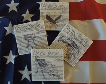 Patriotic Marble Coaster Set: We The People, Eagle & Liberty Bell