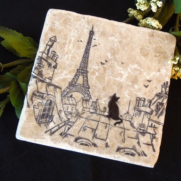 Toits de Paris, Rooftops of Paris with Cat and Eiffel Tower on Cappuccino Colored Marble Tile,  Natural Stone Coaster Sets