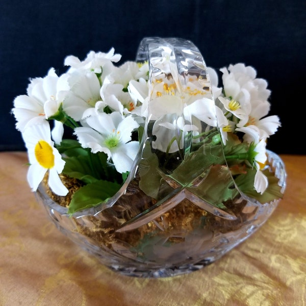 Clear Cut Crystal Basket with Flower Motif, Filled with a Silk White Daisy and Green Stem Bouquet