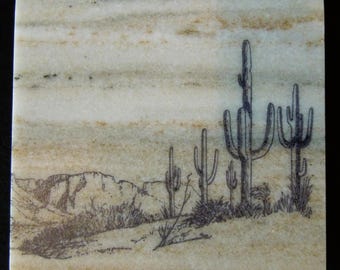 Saguaro Cactus On Skyline Marble Coaster Set: Sonoran Desert Drink Coasters