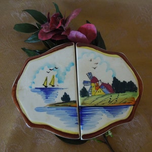 Vintage Fred Roberts Expandable Hand Painted Ceramic Trivet with Windmill Scene, Made in Japan