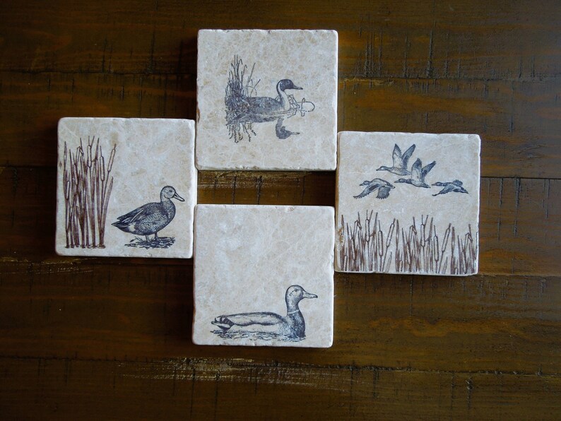 Mallard Duck, Gadwall Duck, Flying Ducks with Cattails, Pintail Duck with Reflection on Beige Marble Tile, Set of 4 Coasters