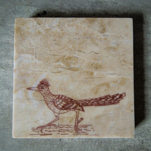 Roadrunner on Beige Cappuccion Marble Tile Coaster, Natural Stone Wildlife Coaster Sets