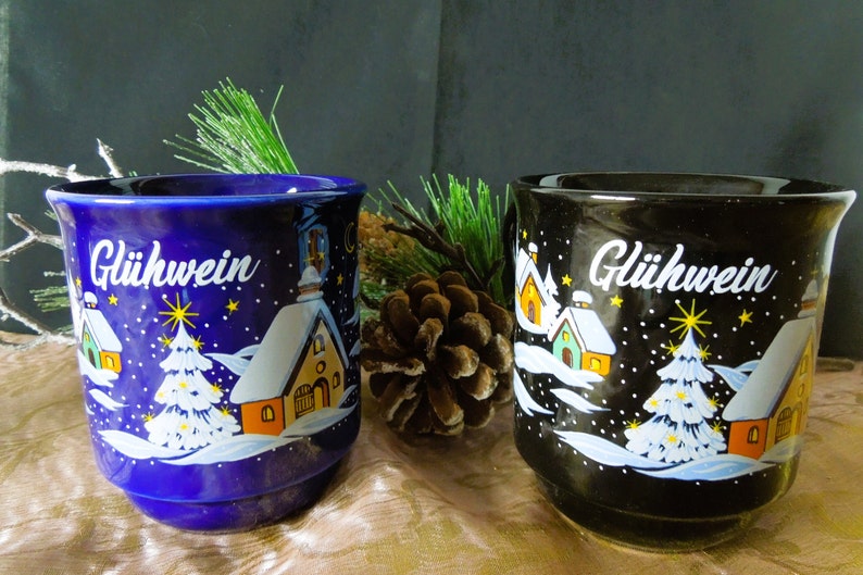 German Cobalt Blue or Black Gluhwein Mug with Winter Village Scene, Christmas Market Mug