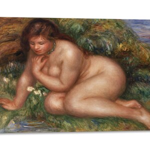 Canvas Print met Houten Lijst Pierre-Auguste Renoir - Badende vrouw kijkt naar zichzelf in het water