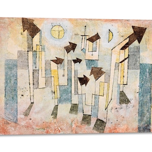 Könnte beinhalten: Abstraktes Gemälde mit geometrischen Formen und Pfeilen in Braun-, Gelb-, Blau- und Grautönen auf weißem Hintergrund.