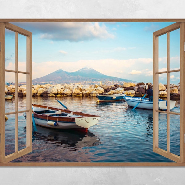 Quadro Finestra golfo di napoli vesuvio 100x75 cm Stampa su Tela con Telaio in Legno Arredamento Arte Arredo Moderno - Made in Italy