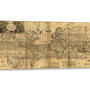 Canvas Print met Houten Lijst Herman Moll - Een Nieuwe & Correcte Kaart van de Hele Wereld - Bedrukt met Beschilderde Textuur