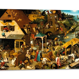 Può includere: Un dipinto ad olio dettagliato che rappresenta una vivace scena di un villaggio medievale con molte figure impegnate in diverse attività. Il dipinto presenta una varietà di elementi architettonici, tra cui una grande casa con un tetto rosso, un ponte e una torre. La scena è piena di persone, animali e oggetti, creando un senso di caos e movimento. Il dipinto è ricco di colore e dettagli, con una calda tavolozza di marroni, gialli e verdi.