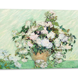 Impresión en lienzo con marco de madera Vincent van Gogh - Rosas - Impreso con textura efecto pintado