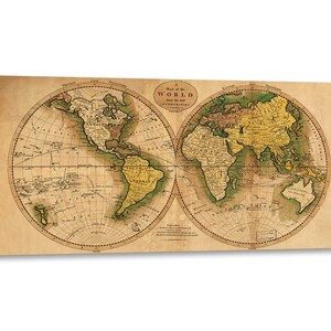 Canvas Print met Houten Lijst Matthew Carey - Wereldkaart - Bedrukt met geschilderd effect textuur