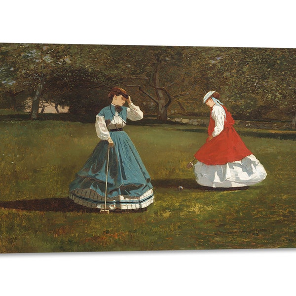 Panneau d’impression sur toile avec cadre en bois Winslow Homer - Scène de croquet