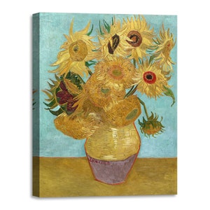 Impresión en lienzo con marco de madera Vincent van Gogh - Jarrón con doce girasoles - impreso con textura de efecto pintado