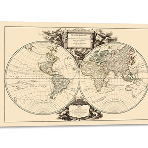 Canvas Print met Houten Lijst Vaugondy - Wereldkaart - Bedrukt met geschilderde effecttextuur