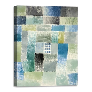 Canvas Print met Houten Lijst Paul Klee - Eerste huis in een nederzetting - bedrukt met geschilderde effecttextuur