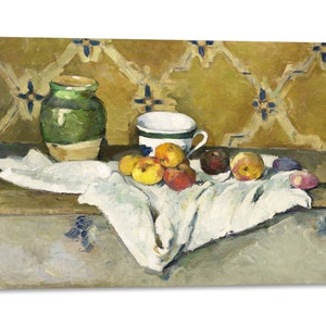 Leinwanddruck mit Holzrahmen Paul Cezanne – Stillleben mit Krug, Tasse und Äpfeln – bedruckt mit gemalter Effekttextur