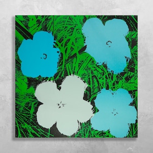May include: A vibrant green background with four large flowers in shades of blue and white. The flowers are stylized and have a bold, graphic look.