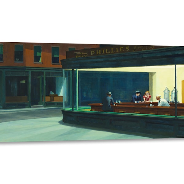 Impression sur toile avec cadre en bois Edward Hopper - Nighthawks