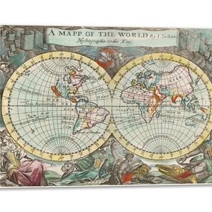 Canvas Print met Houten Lijst John Playford - Een kaart van de wereld - bedrukt met geschilderde effecttextuur
