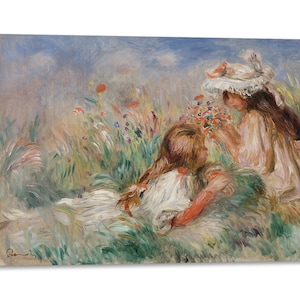 Canvas Print met Houten Lijst Pierre-Auguste Renoir - Meisjes in het Gras Schikken een Boeket