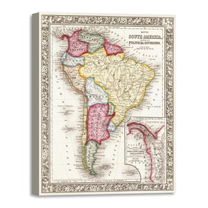 Impression sur toile avec cadre en bois - Carte de l'Amérique du Sud - Imprimée avec texture peinte