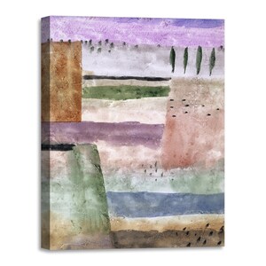 Op de afbeelding: Abstract waterverfschilderij met geometrische vormen in tinten van paars, groen, bruin en blauw. Het schilderij heeft een reeks horizontale lijnen en één enkele verticale vorm.