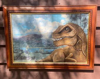 T-rex hand painted original graffiti artwork vintage framed print nature wildlife gift