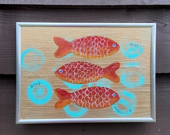 Just keep swimming graffiti fish pop Art: Hand-Painted Vintage Framed Artwork