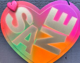 SANE hanging heart graffiti pop Art: Hand-Painted Vintage Framed Artwork
