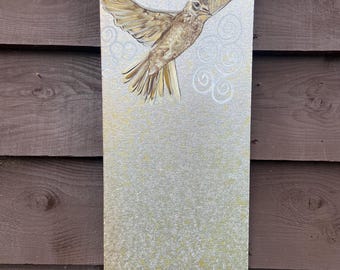Skylark bird folk art, original hand painted piece, reclaimed materials, hanging nature gift