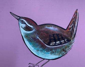 Jenny Wren bird folk art, original hand painted piece, reclaimed materials, hanging nature gift
