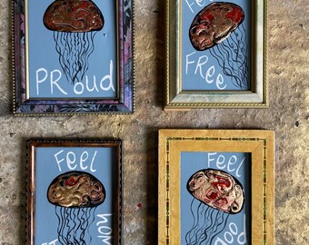 Jellyfish inspirational messages. Hand painted on vintage frames. Wildlife mindful art gift.