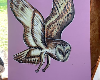 Barn Owl bird folk art, original hand painted piece, reclaimed materials, hanging nature gift
