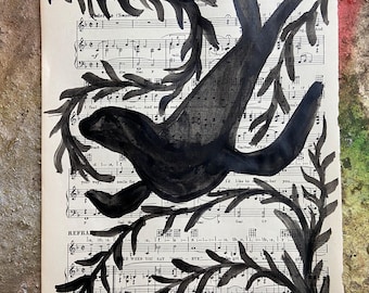 Selkie seal swimming in kelp folk art; reclaimed materials