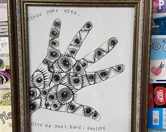 HAND drawn doodle hand art with music lyrics - The Bangles Eternal Flame framed originals