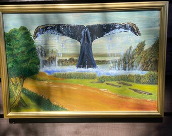 Humpback whale tail hand painted original graffiti artwork vintage framed print nature wildlife gift