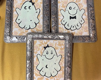 Framed spooky ghost sustainable ethical artwork cartoon hand painted recycled materials