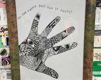 HAND drawn doodle hand art with music lyrics - Kate Bush framed originals