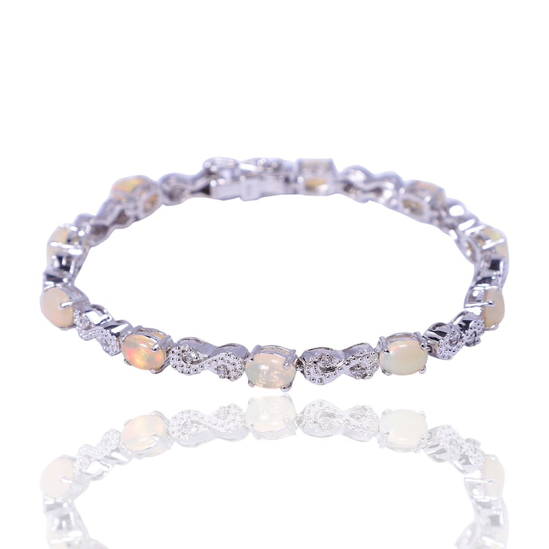 Handmade Jewellery Silver Bracelet 925 Sterling Silver 5x7 MM Oval Natural Opal CZ Bracelet Silver Opal Bracelet