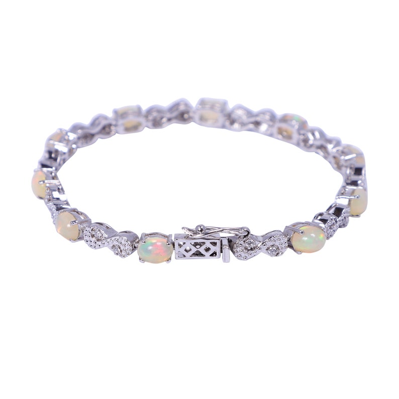 Handmade Jewellery Silver Bracelet 925 Sterling Silver 5x7 MM Oval Natural Opal CZ Bracelet Silver Opal Bracelet
