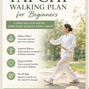 Könnte beinhalten: Werbung für einen 30-Tage-Tai-Chi-Walking-Plan für Anfänger, als digitaler Download erhältlich. Das Bild zeigt eine Frau in weißer Kleidung, die eine Tai-Chi-Bewegung ausführt. Der Text beschreibt Vorteile wie Stressabbau und Gleichgewicht.